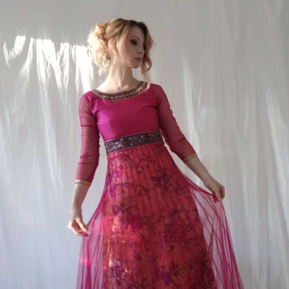 Extravagant Handmade Traditional Layered Dress XS Magenta, Gold, Purple